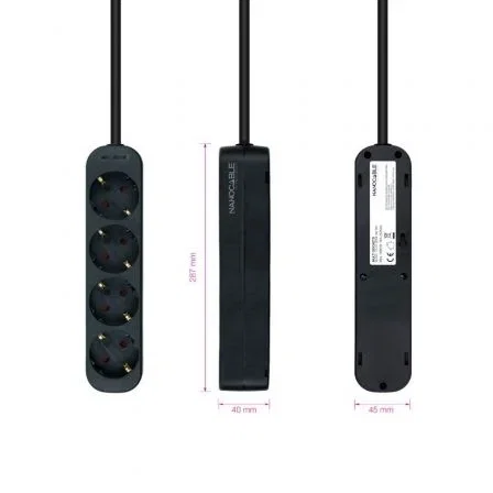 Nanocable Regleta de 4 Tomas con Toma de Tierra, 1.4 m, Negra